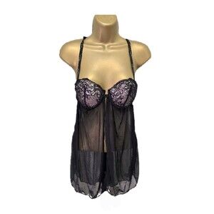 Daisy Fuentes Babydoll Nightie Womens L Black Lace Pink Padded Coquette Boudoir